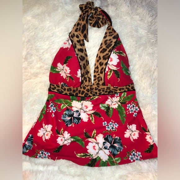 Athens Halter Tankini Red and Brown with Floral and Leopard Print NWOT size 4 - Picture 4 of 15